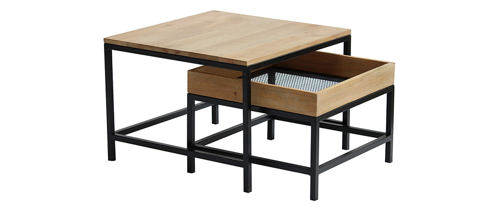 Tables basses gigognes carr�es en manguier massif et m�tal (lot de 2) RACK