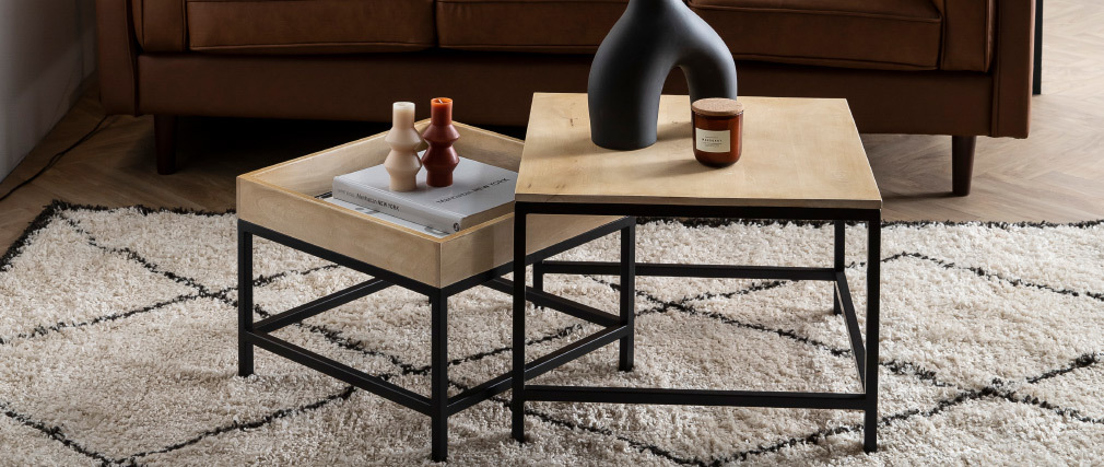 Tables basses gigognes carr�es en manguier massif et m�tal (lot de 2) RACK