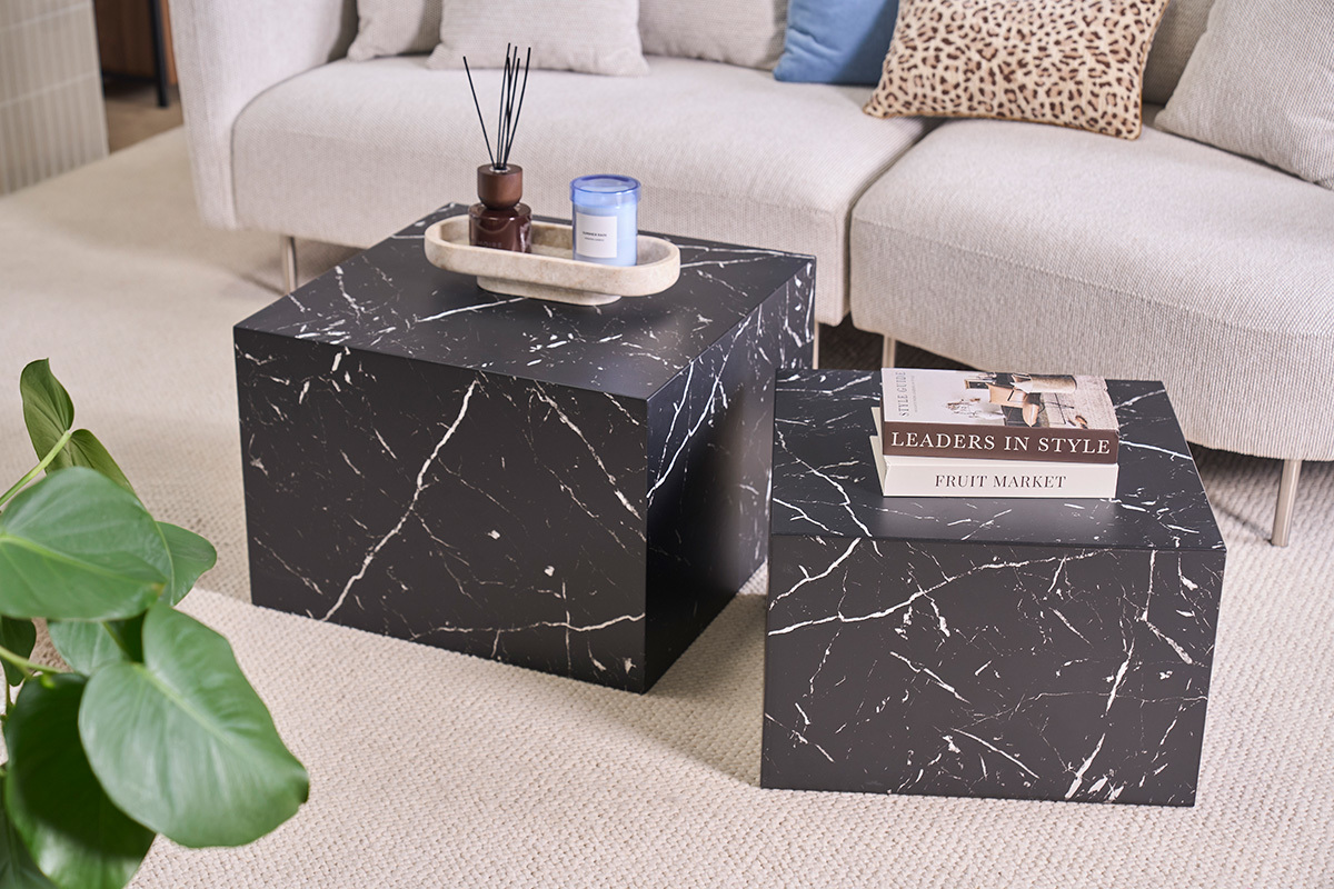 Tables basses gigognes design effet marbre noir (lot de 2) CALLA