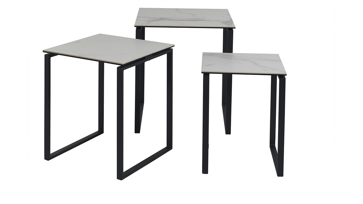 Tables basses gigognes design en cramique effet marbre blanc et mtal noir (lot de 3) STRESA