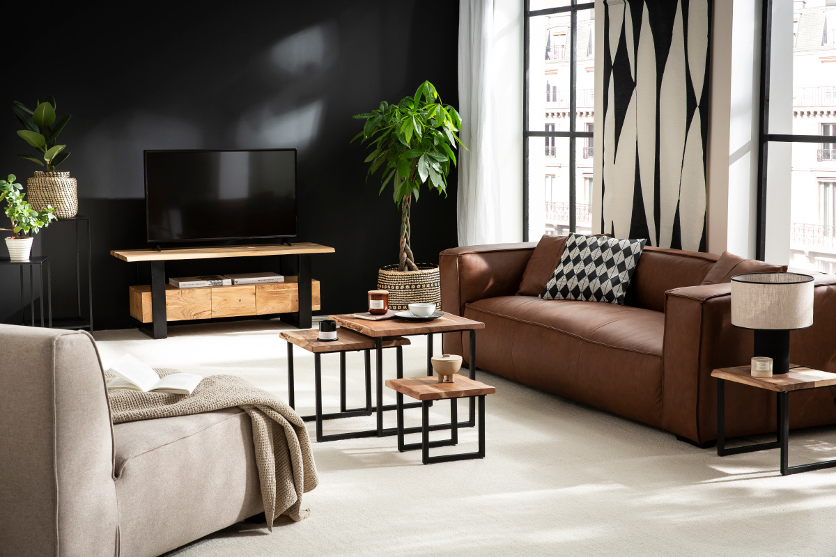 Tables basses gigognes en acacia massif et m�tal vieilli noir (lot de 4) DEVI