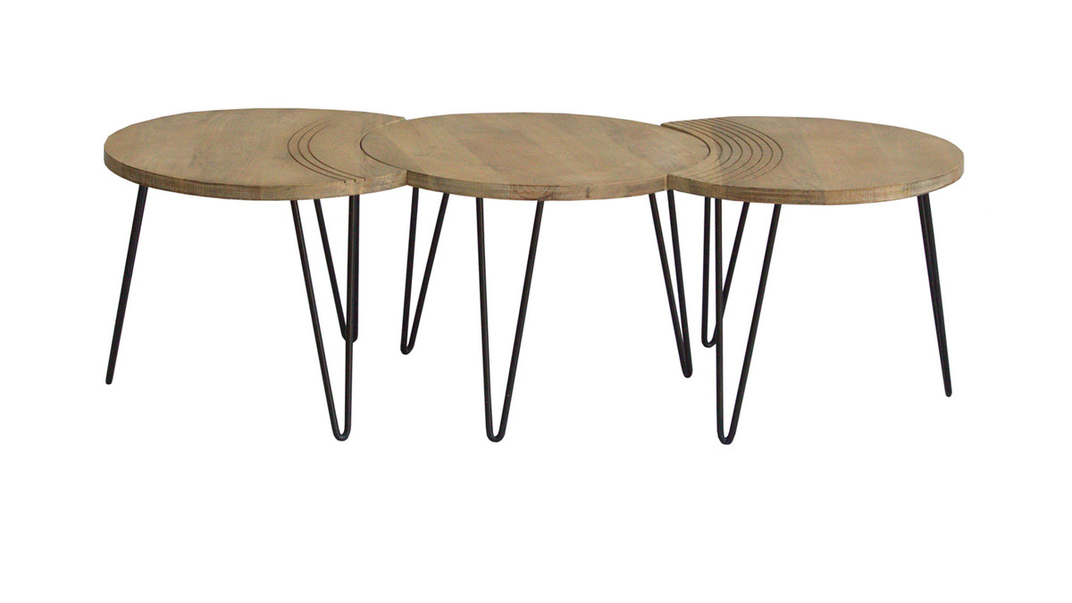 Tables basses gigognes gravées bois clair manguier massif et métal noir (lot de 3) VIBES