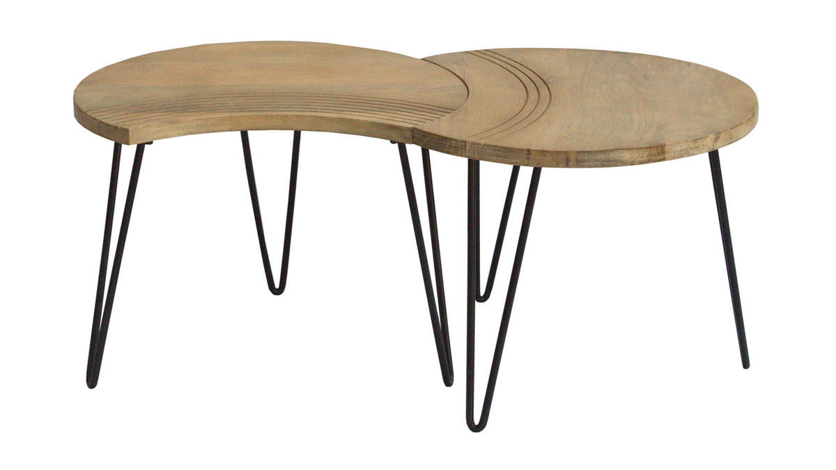 Tables basses gigognes gravées bois clair manguier massif et métal noir (lot de 3) VIBES