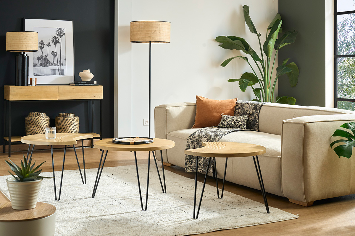 Tables basses gigognes graves bois manguier massif et mtal noir (lot de 3) VIBES
