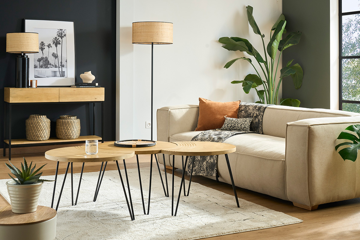 Tables basses gigognes graves bois manguier massif et mtal noir (lot de 3) VIBES