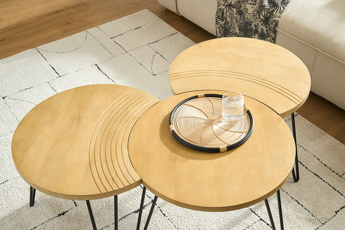 Tables basses gigognes graves bois manguier massif et mtal noir (lot de 3) VIBES
