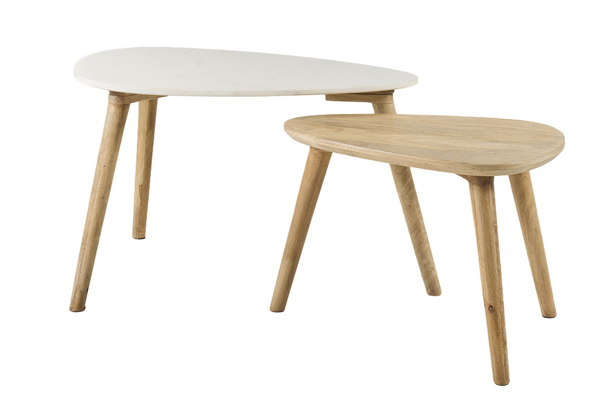 Tables basses gigognes marbre blanc et bois manguier massif (lot de 2) EVY