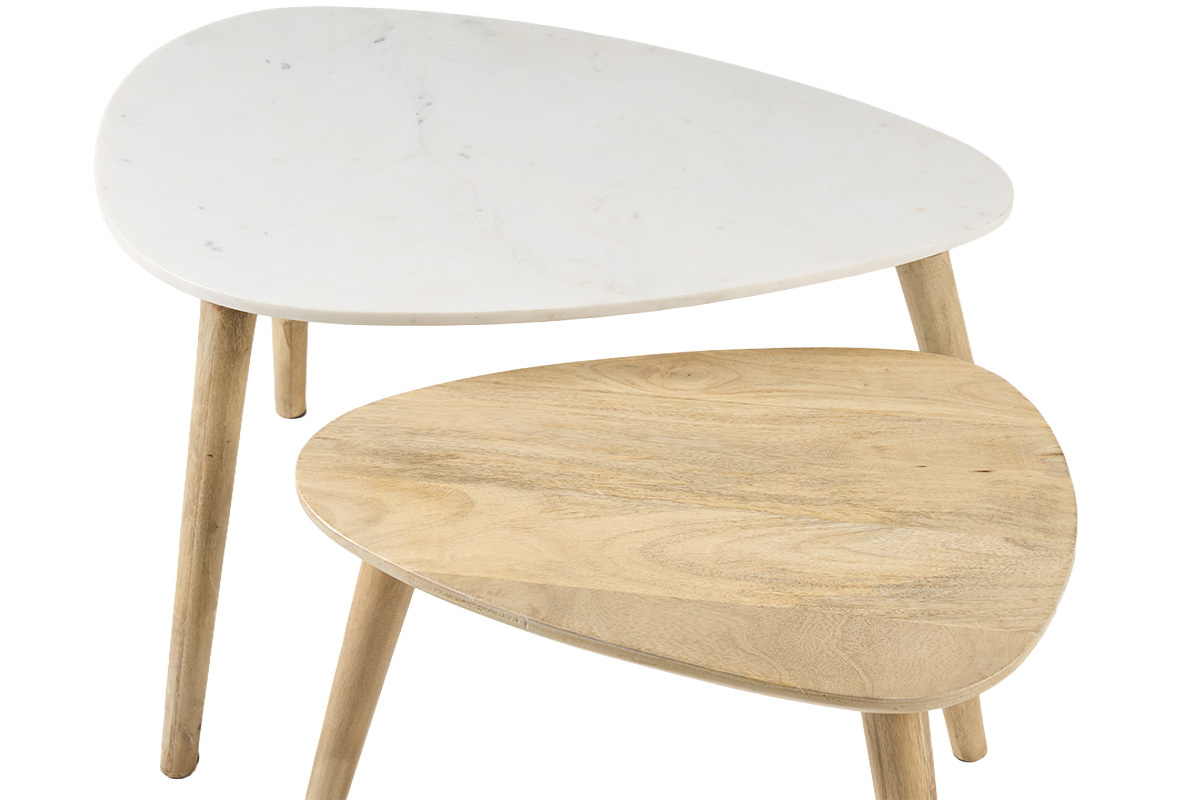 Tables basses gigognes marbre blanc et bois manguier massif (lot de 2) EVY