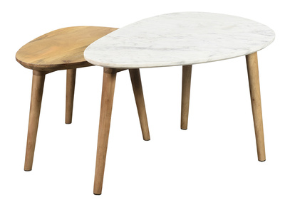 Tables basses gigognes marbre blanc et bois manguier massif (lot de 2) EVY