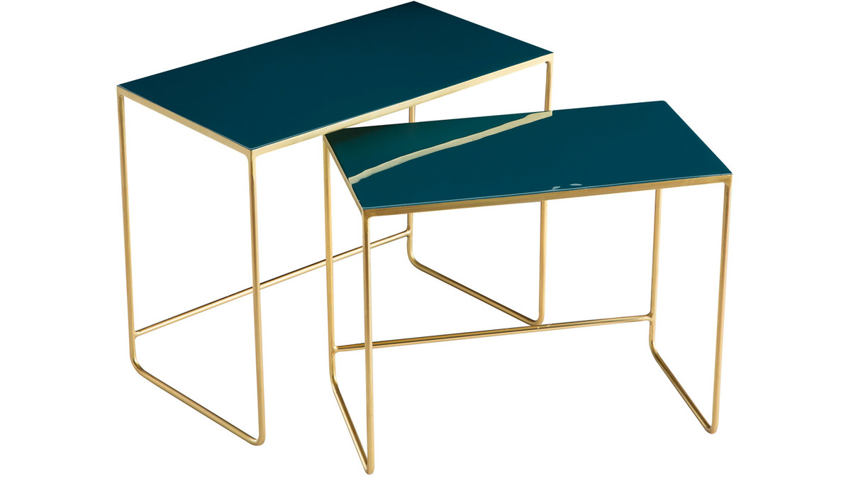 Tables basses gigognes rectangulaires design bleu ptrole et mtal dor (lot de 2) WESS