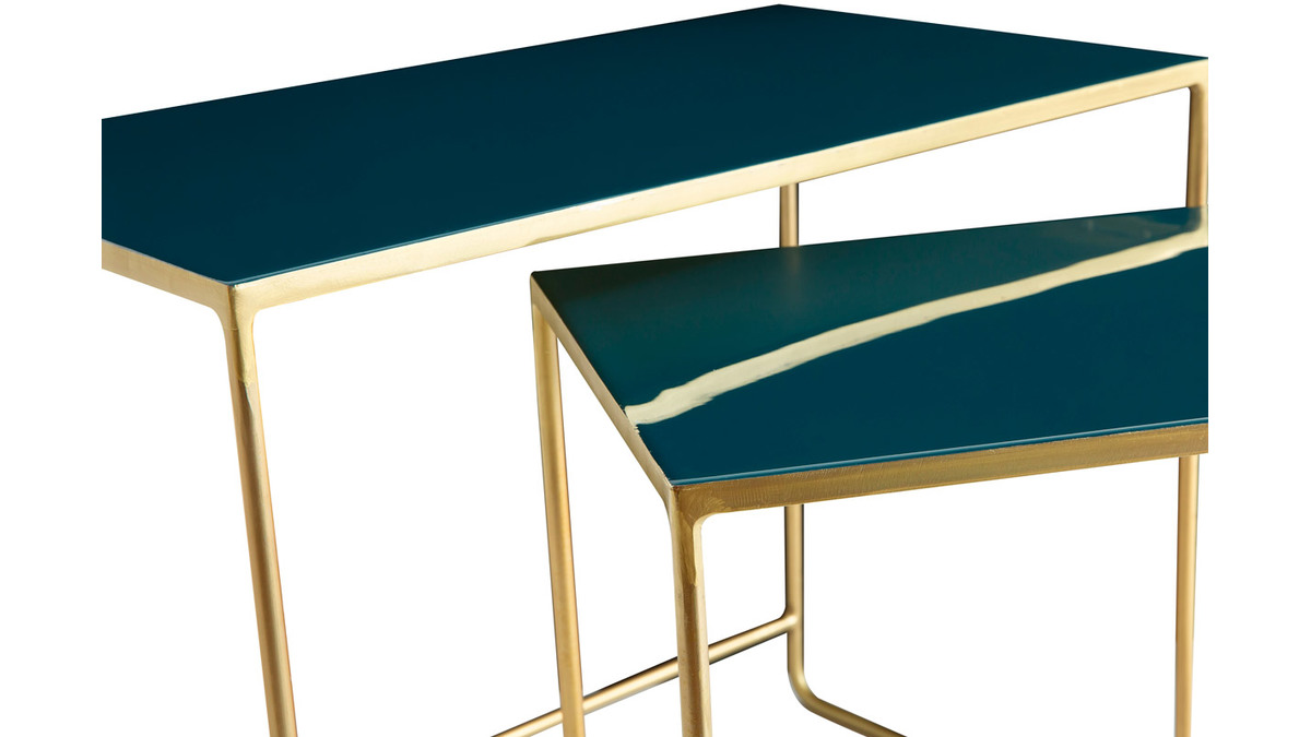 Tables basses gigognes rectangulaires design bleu ptrole et mtal dor (lot de 2) WESS