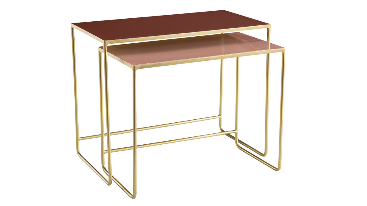 Tables basses gigognes rectangulaires design terracotta, rose et mtal dor (lot de 2) WESS