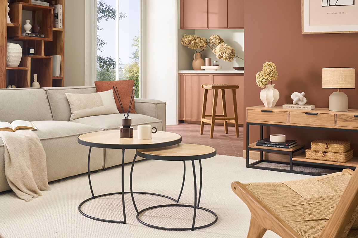 Tables basses gigognes rondes bois manguier massif (lot de 2) BARREL