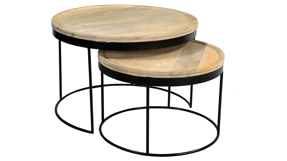 Tables basses gigognes rondes bois manguier massif et métal noir (lot de 2) LEDGE