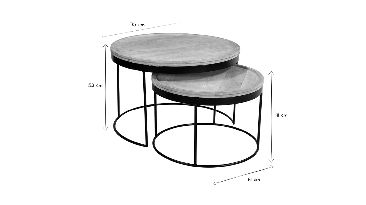 Tables basses gigognes rondes bois manguier massif et métal noir (lot de 2) LEDGE