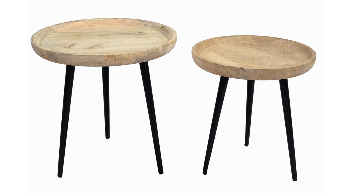 Tables basses gigognes rondes bois manguier massif et métal noir (lot de 2) PYTA