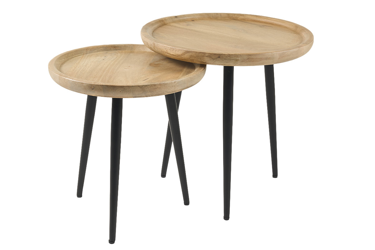 Tables basses gigognes rondes bois manguier massif et m�tal noir (lot de 2) PYTA