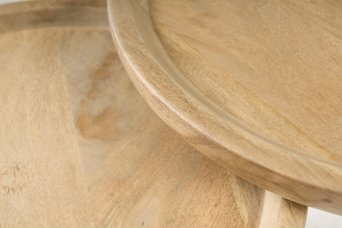 Tables basses gigognes rondes bois manguier massif et m�tal noir (lot de 2) PYTA