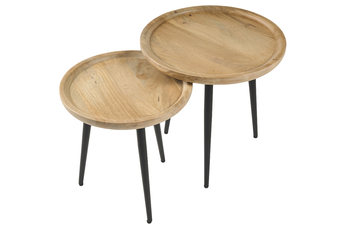 Tables basses gigognes rondes bois manguier massif et m�tal noir (lot de 2) PYTA
