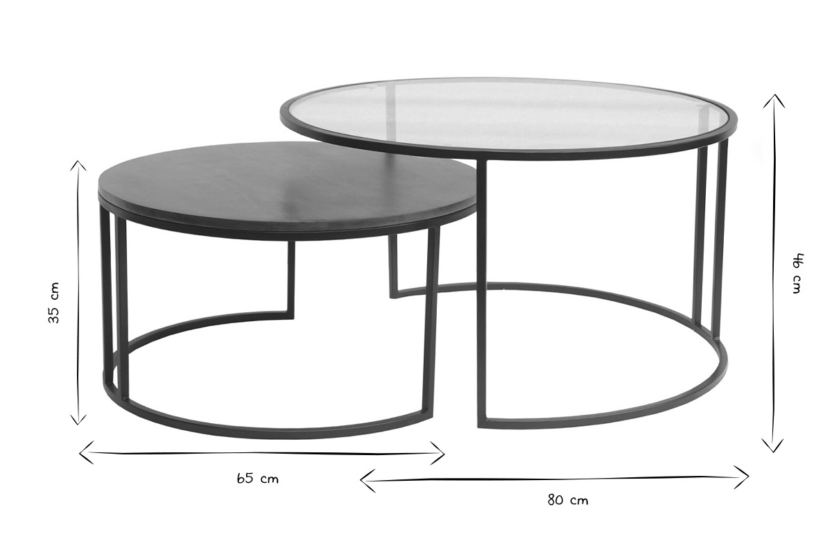 Tables basses gigognes rondes verre tremp�, bois manguier massif teint� et m�tal noir (lot de 2) TAHL