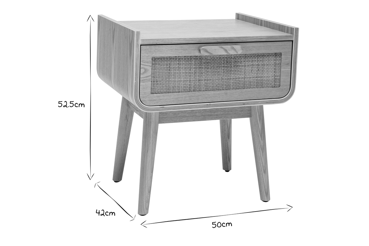 Tables de chevet avec tiroir en bois clair frne et cannage rotin (lot de 2) ATHNE