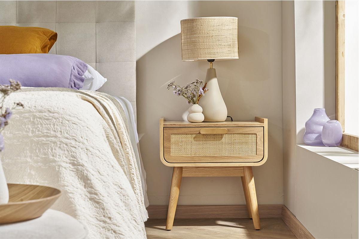 Tables de chevet avec tiroir en bois clair frne et cannage rotin (lot de 2) ATHNE