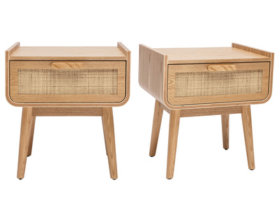 Tables de chevet avec tiroir en bois clair frêne et cannage rotin (lot de 2) ATHÈNE