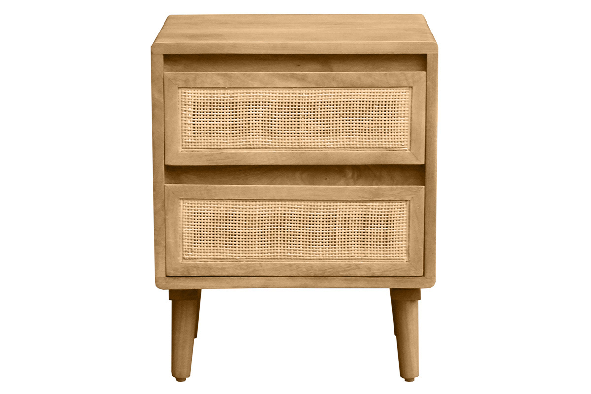 Tables de chevet en bois manguier massif et cannage rotin avec rangements 2 tiroirs (lot de 2) ACANGE
