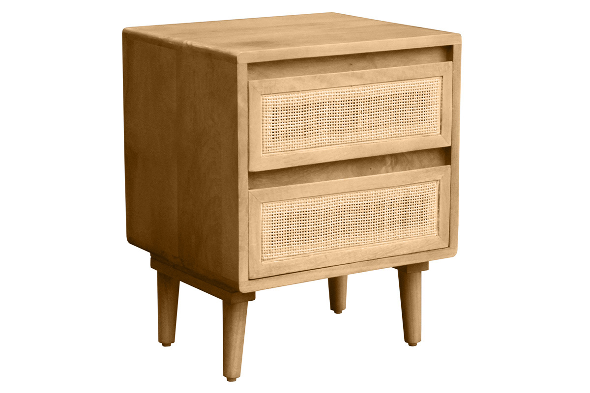 Tables de chevet en bois manguier massif et cannage rotin avec rangements 2 tiroirs (lot de 2) ACANGE