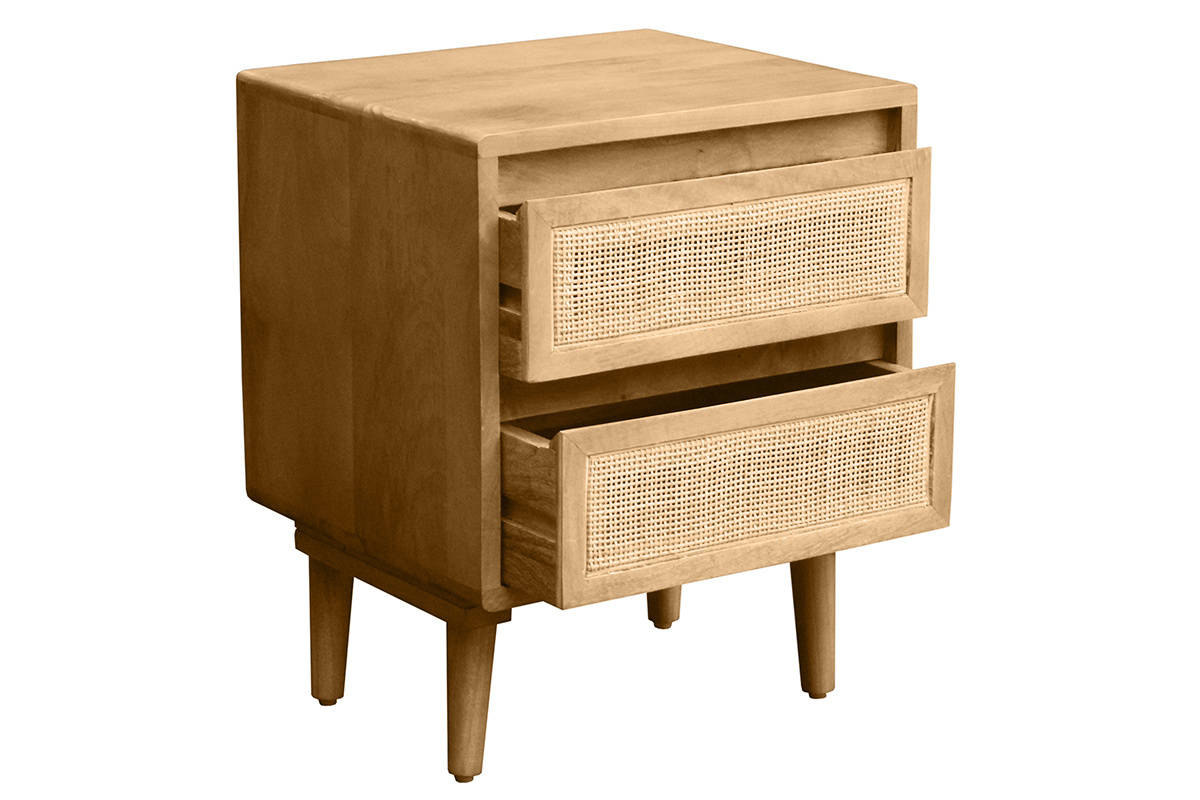 Tables de chevet en bois manguier massif et cannage rotin avec rangements 2 tiroirs (lot de 2) ACANGE