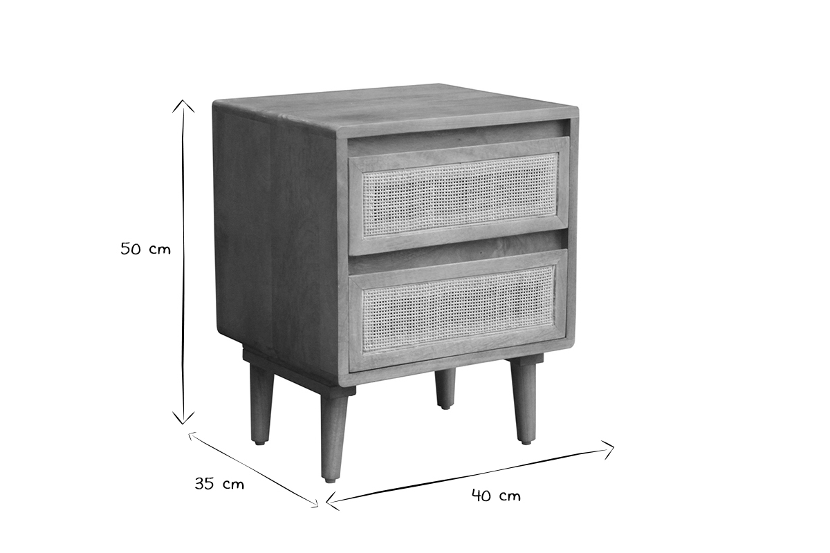 Tables de chevet en bois manguier massif et cannage rotin avec rangements 2 tiroirs (lot de 2) ACANGE