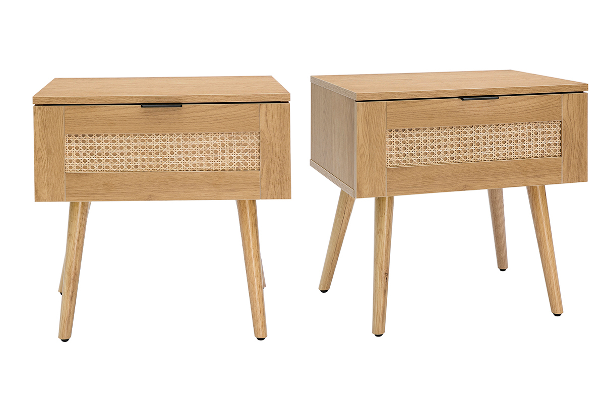 Tables de chevet finition bois clair, cannage rotin et métal noir L50 cm (lot de 2) MANILLE