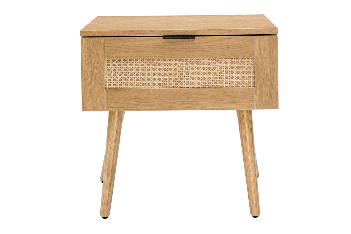 Tables de chevet finition bois clair, cannage rotin et métal noir L50 cm (lot de 2) MANILLE