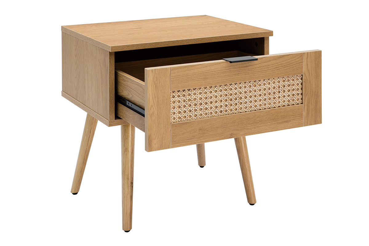 Tables de chevet finition bois clair, cannage rotin et métal noir L50 cm (lot de 2) MANILLE