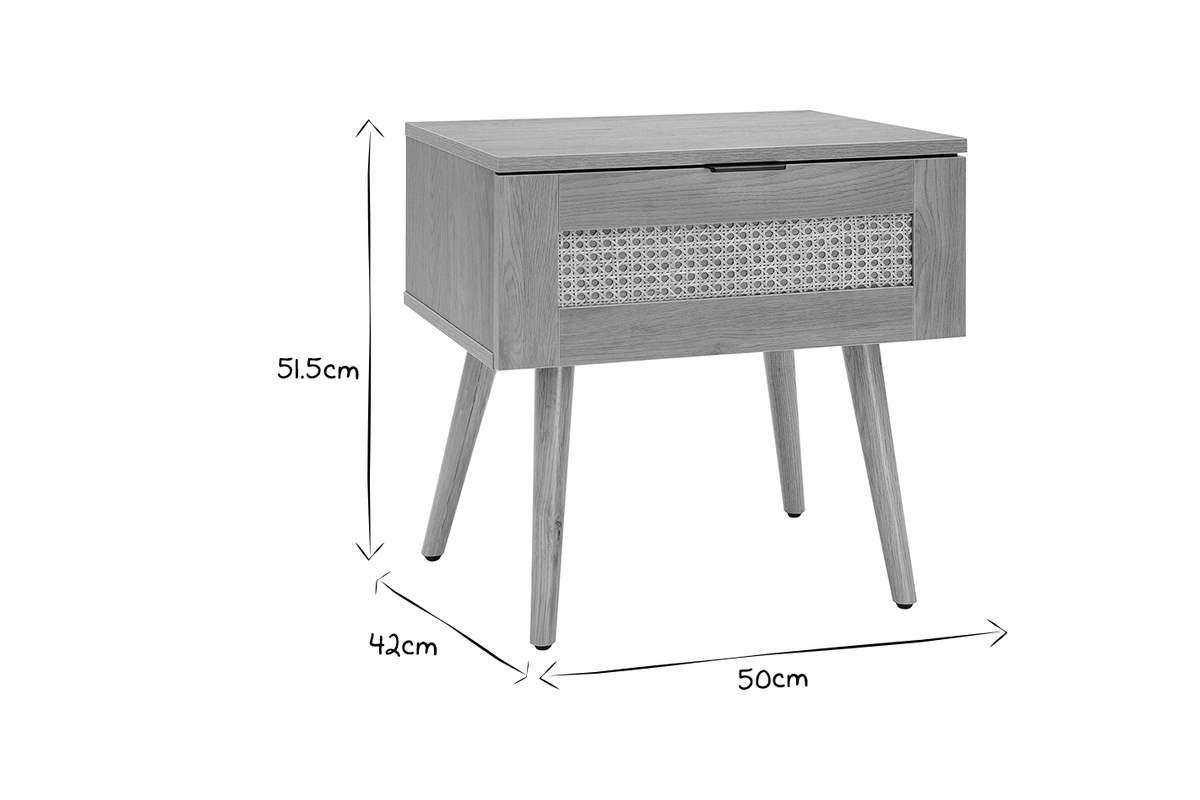 Tables de chevet finition bois clair, cannage rotin et métal noir L50 cm (lot de 2) MANILLE