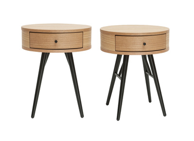 Tables de chevet rondes avec tiroir bois clair et métal noir (lot de 2) KORAL