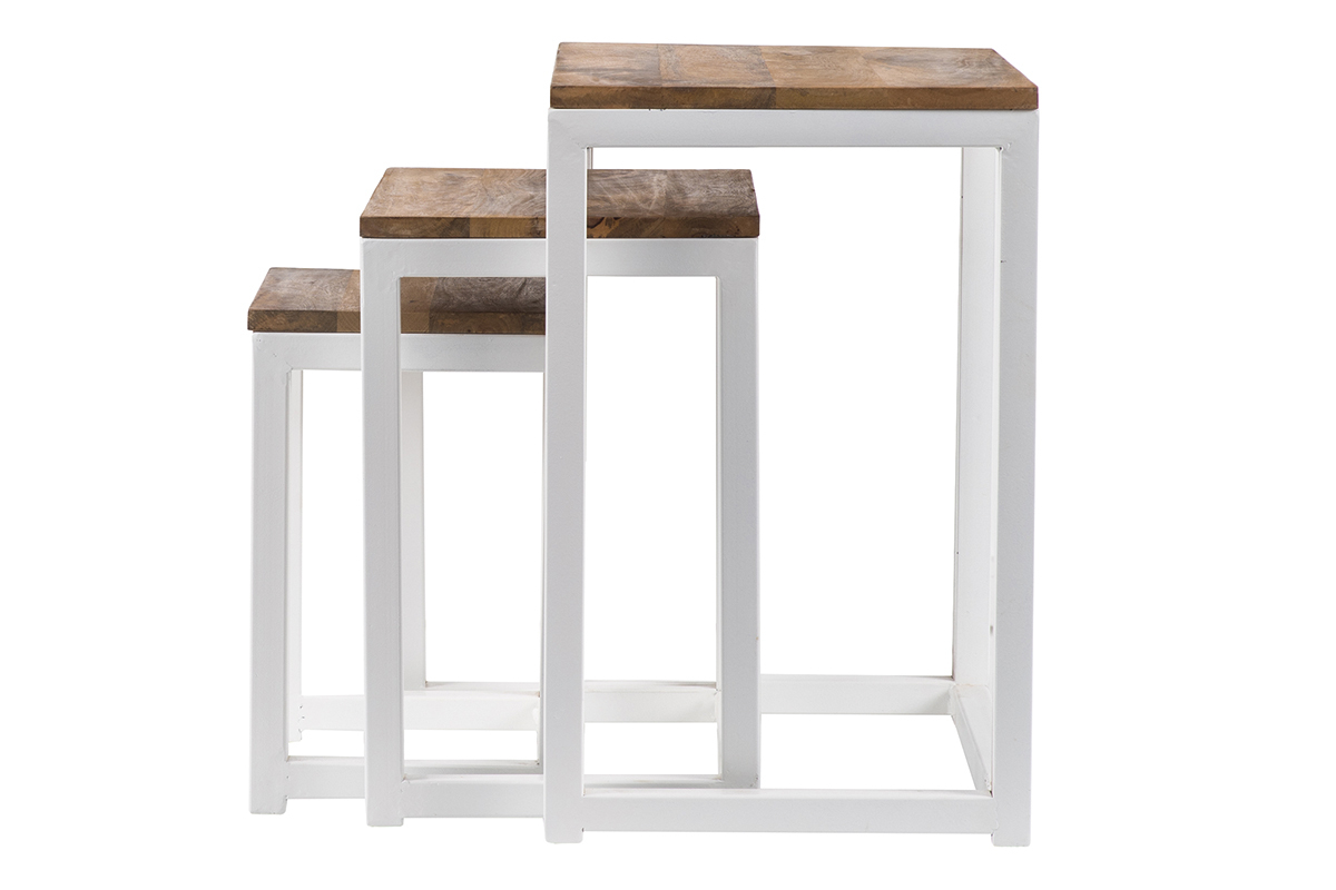 Tables gigognes manguier massif et m�tal blanc (lot de 3) ROCHELLE
