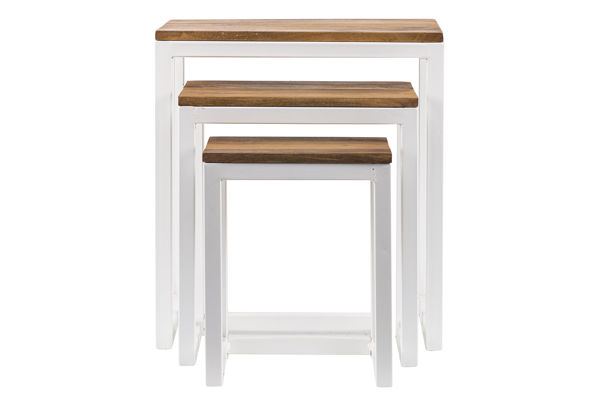 Tables gigognes manguier massif et m�tal blanc (lot de 3) ROCHELLE
