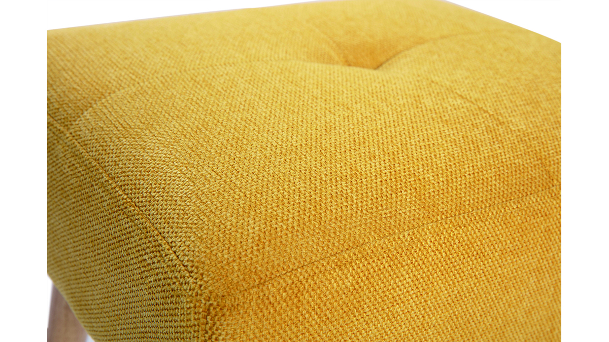 Tabouret bas en tissu effet velours textur jaune moutarde et bois clair massif H46 GUESTA