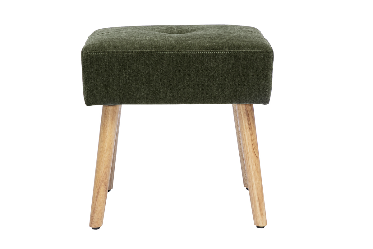 Tabouret bas en tissu effet velours vert kaki et bois clair massif H46 cm GUESTA