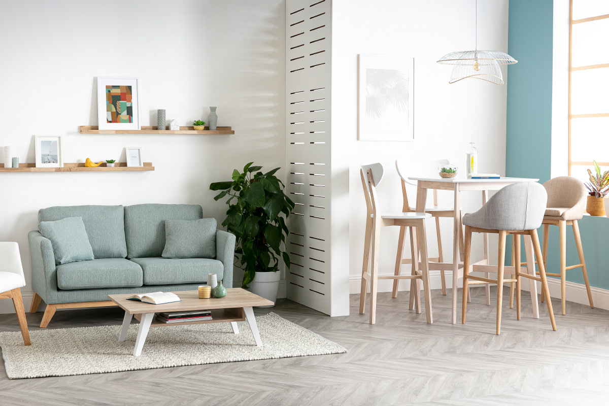 Tabouret de bar design 75cm bois tissu gris clair DALIA