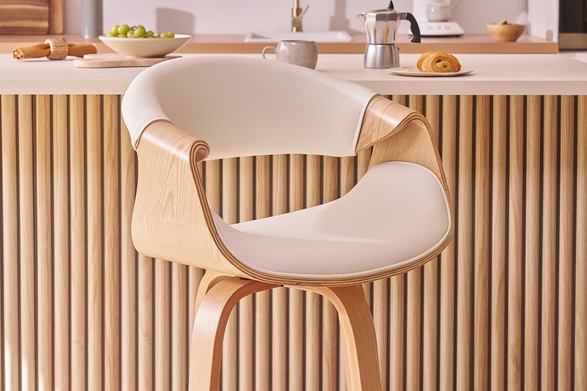Tabouret de bar design blanc et bois clair H68 cm ARAMIS