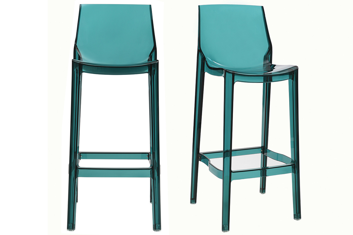 Tabouret de bar design bleu p�trole transparent lot de 2 YLAK