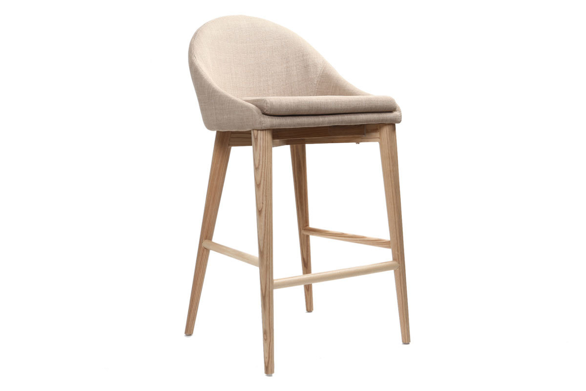 Tabouret de bar design en tissu beige et bois clair DALIA