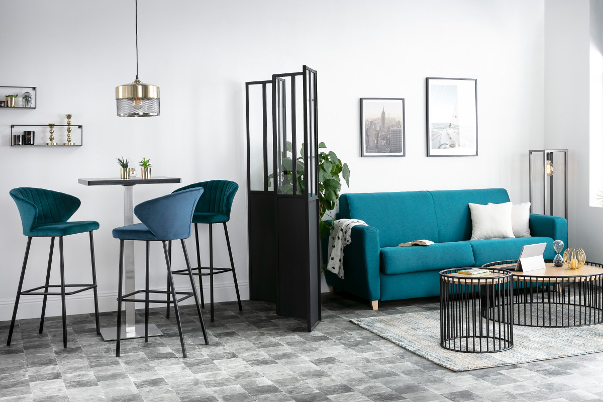 Tabouret de bar design en tissu velours gaufr bleu canard DALLY