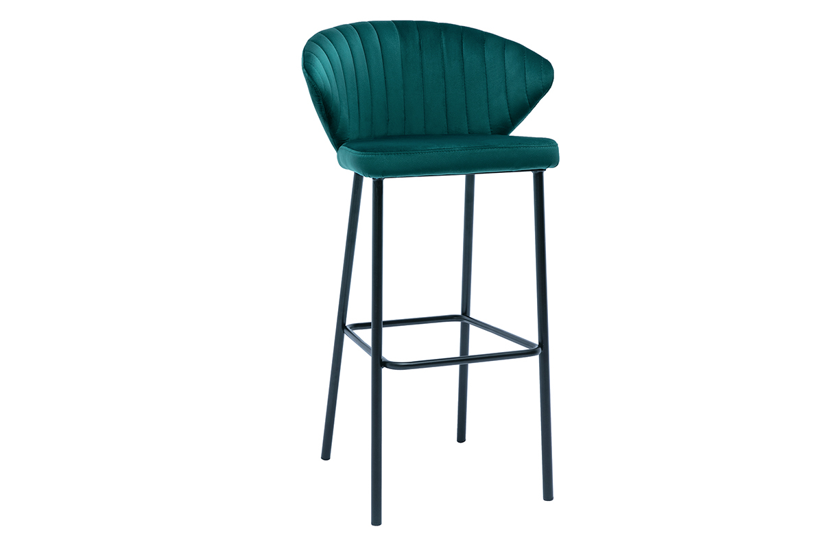 Tabouret de bar design en tissu velours gaufr bleu canard DALLY