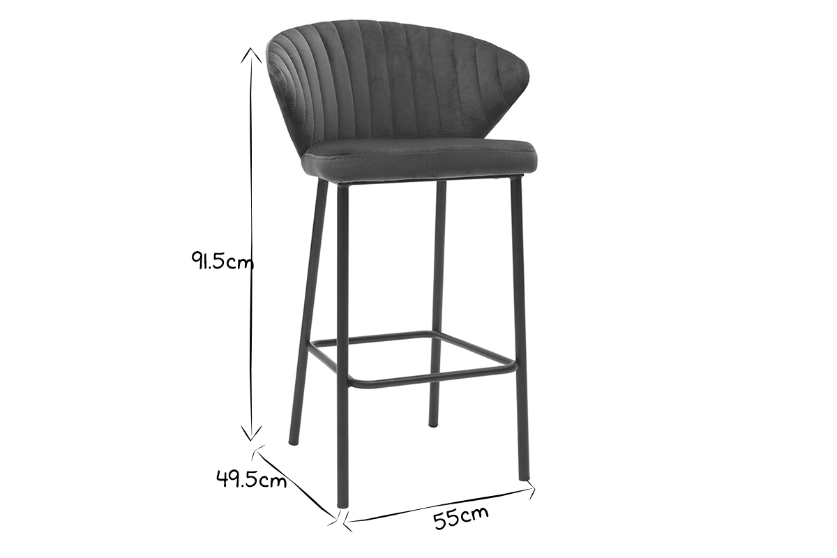Tabouret de bar design en tissu velours gaufr bleu ptrole et mtal noir H68 cm DALLY
