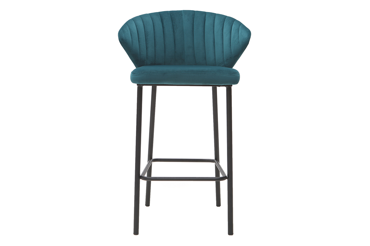 Tabouret de bar design en tissu velours gaufr bleu ptrole et mtal noir H68 cm DALLY