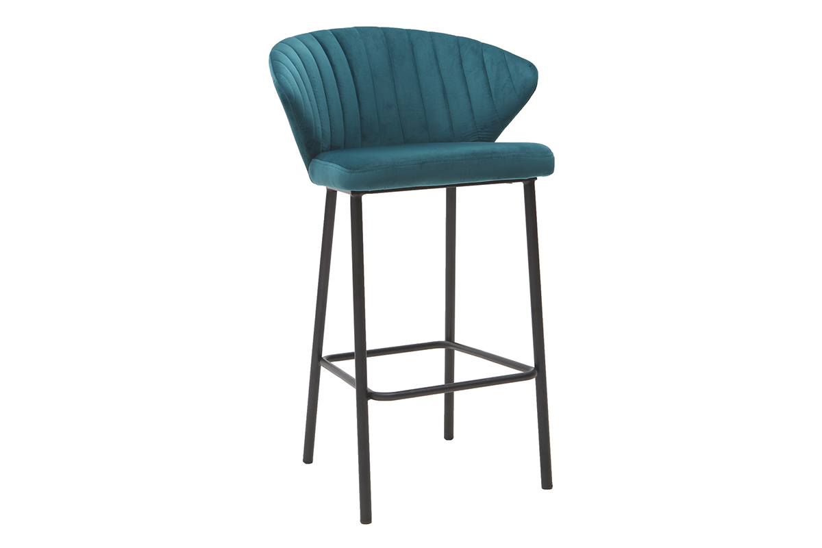 Tabouret de bar design en tissu velours gaufr bleu ptrole et mtal noir H68 cm DALLY