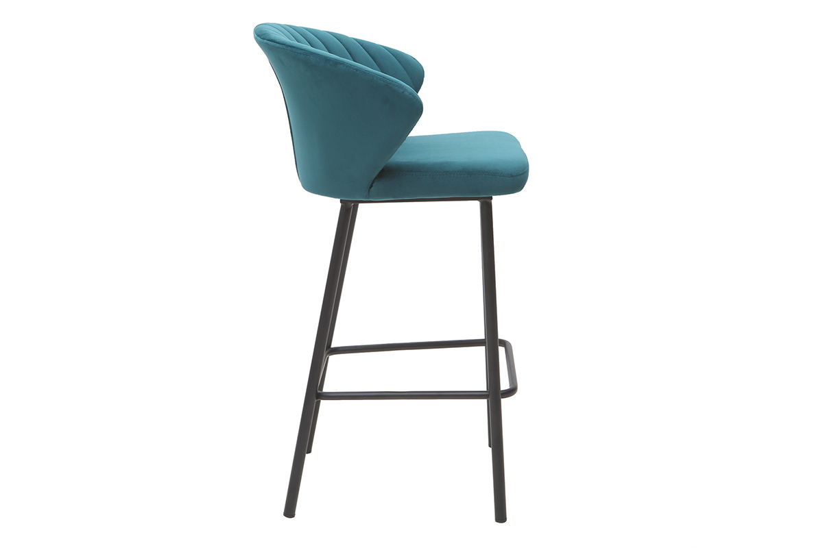 Tabouret de bar design en tissu velours gaufr bleu ptrole et mtal noir H68 cm DALLY